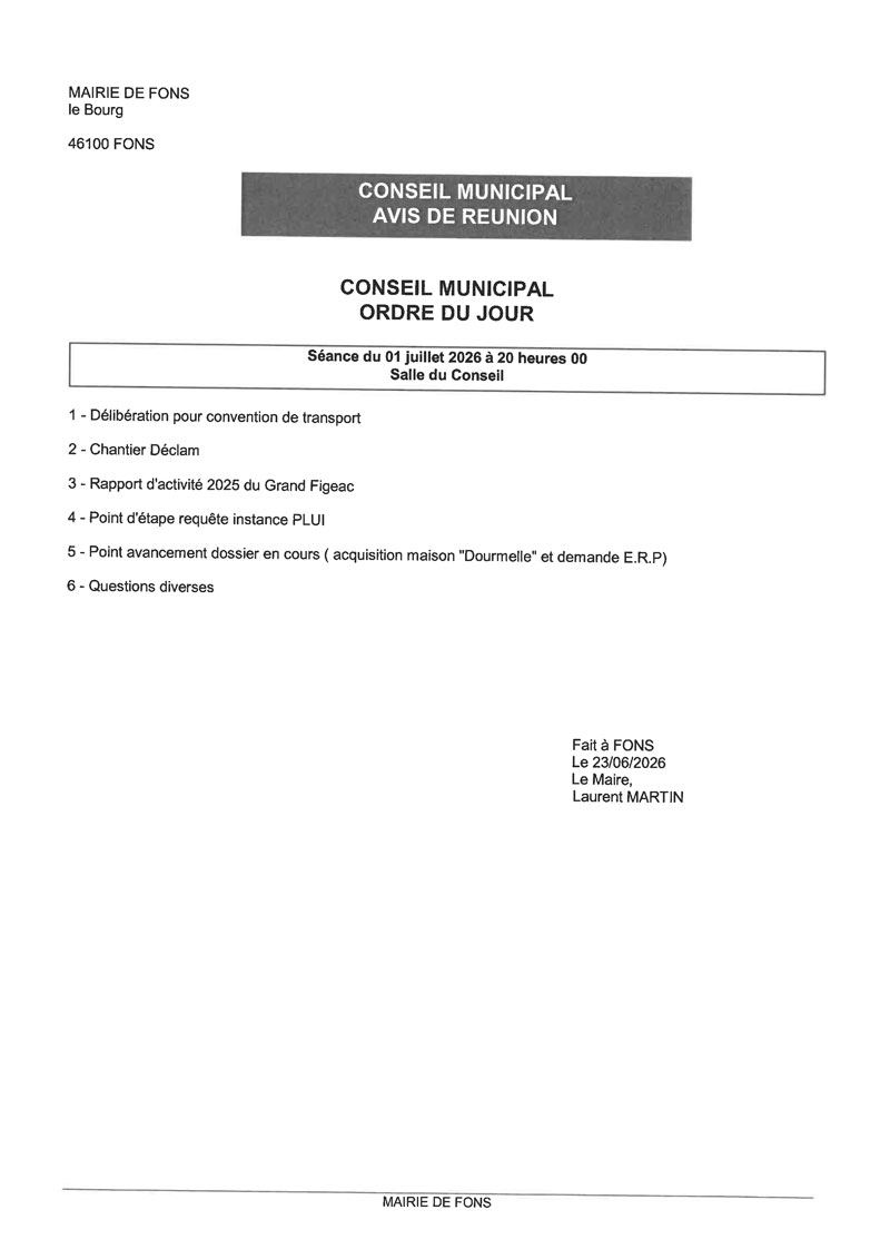 Avis de réunion du 01/07/2026